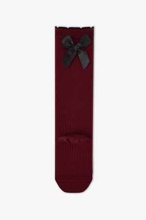 Kız Çocuk Bordo Preppy Sweetie Fiyonk Desenli Pamuklu Pantolon Çorap