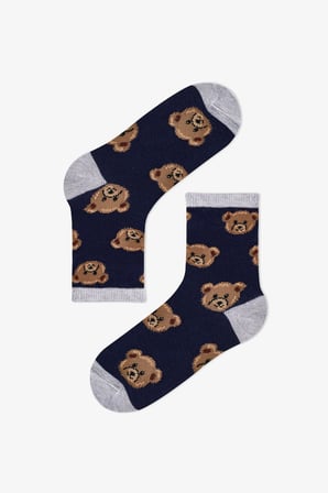 Erkek Çocuk Koyu Mavi Navy Teddy Ayı Desenli Pamuklu 4 Çift Soket Çorap