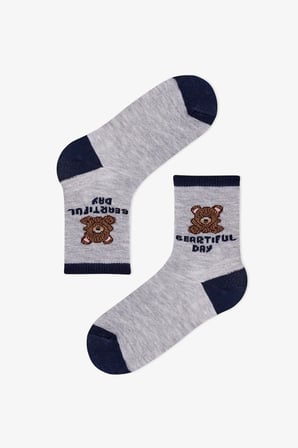 Erkek Çocuk Koyu Mavi Navy Teddy Ayı Desenli Pamuklu 4 Çift Soket Çorap