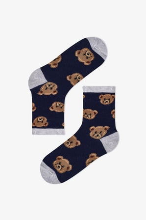 Erkek Çocuk Koyu Mavi Navy Teddy Ayı Desenli Pamuklu 4 Çift Soket Çorap