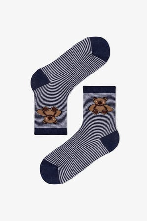 Erkek Çocuk Koyu Mavi Navy Teddy Ayı Desenli Pamuklu 4 Çift Soket Çorap