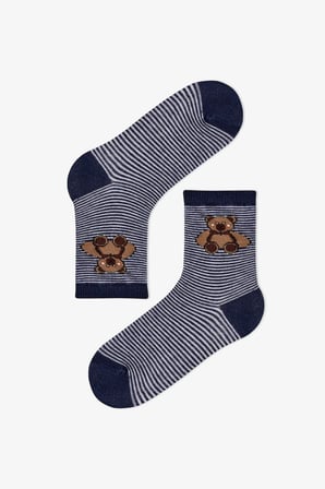 Erkek Çocuk Koyu Mavi Navy Teddy Ayı Desenli Pamuklu 4 Çift Soket Çorap
