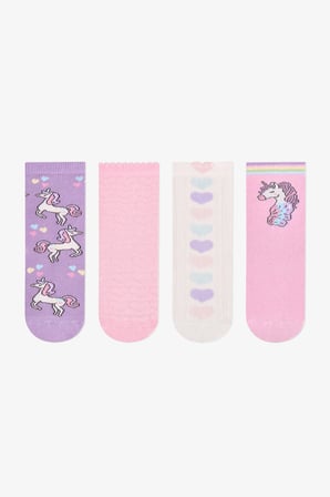Kız Çocuk Pembe Unicorn Pamuklu 4 Çift Soket Çorap