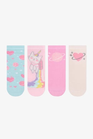 Kız Çocuk Caticorn Galaxy Unicorn Desenli Pamuklu 4 Çift Soket Çorap