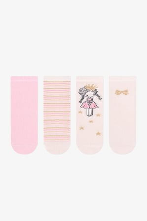 Kız Çocuk Pembe Sparkle Princess Prenses Desenli Pamuklu 4 Çift Soket Çorap