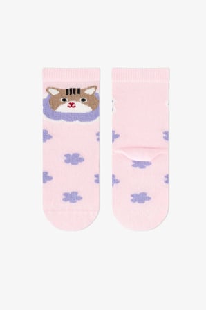 Kız Çocuk Pembe Feel Better Kedi Desenli Pamuklu 3 Çift Soket Çorap