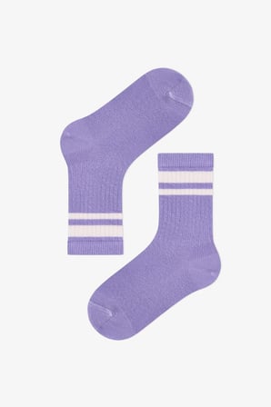 Kız Çocuk Lila Violet Mist Çizgili Pamuklu 3 Çift Soket Çorap