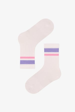 Kız Çocuk Lila Violet Mist Çizgili Pamuklu 3 Çift Soket Çorap