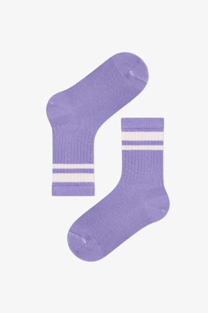 Kız Çocuk Lila Violet Mist Çizgili Pamuklu 3 Çift Soket Çorap