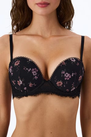 Siyah Kalp Baskılı Çiçekli Pedli Push Up Sütyen