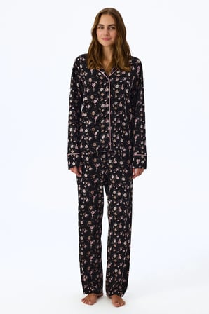 Siyah Floral Dream Uzun Kollu Gömlek Pantolon Pijama Takımı
