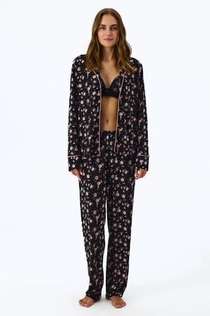 Siyah Floral Dream Uzun Kollu Gömlek Pantolon Pijama Takımı
