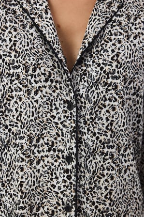 Ekru Noir Garden Leopar Desenli Uzun Kollu Gömlek Pantolon Pijama Takımı