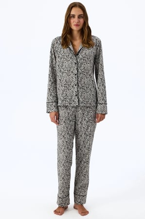Ekru Noir Garden Leopar Desenli Uzun Kollu Gömlek Pantolon Pijama Takımı