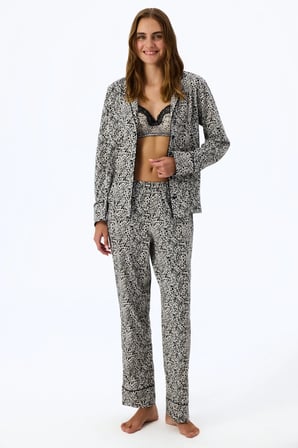 Ekru Noir Garden Leopar Desenli Uzun Kollu Gömlek Pantolon Pijama Takımı