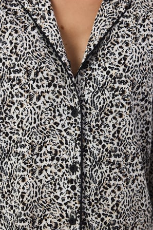 Ekru Noir Garden Leopar Desenli Uzun Kollu Gömlek Pantolon Pijama Takımı