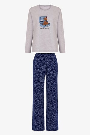 Gri Melanj Winter Trip Noel Desenli Uzun Kollu Pantolon Pijama Takımı