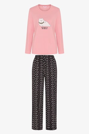 Pembe Nap Mode Çiçekli Uzun Kollu Pantolon Pijama Takımı
