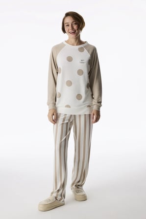 Bej Not Today Puantiye Desenli Uzun Kollu Pijama Üstü