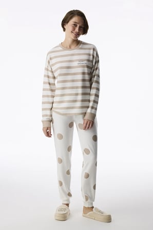 Bej Heart Breaker Çizgili Uzun Kollu Pijama Üstü