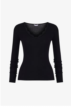 Siyah Modal V Yaka Lace Uzun Kollu Bluz