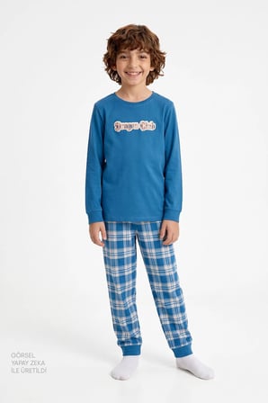 Erkek Çocuk Mavi Dragon Club Pamuklu Uzun Kollu 2'li Pijama Takımı