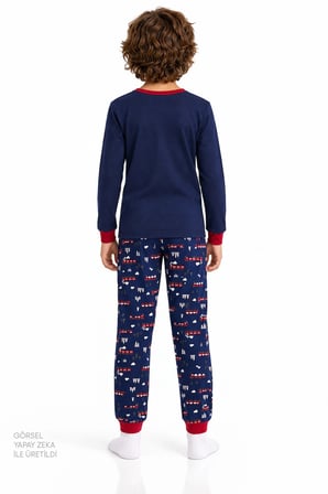 Erkek Çocuk Lacivert Follow The Train Pamuklu Uzun Kollu Pijama Takımı