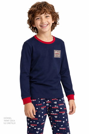Erkek Çocuk Lacivert Follow The Train Pamuklu Uzun Kollu Pijama Takımı