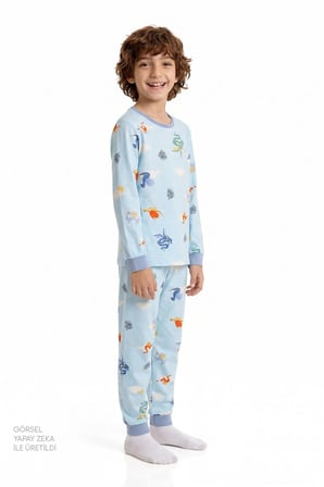 Erkek Çocuk Mavi Mini Dragon Riders Pamuklu Uzun Kollu 2'li Pijama Takımı