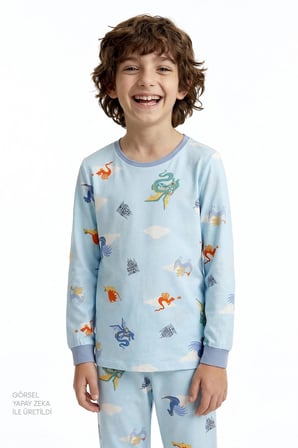 Erkek Çocuk Mavi Mini Dragon Riders Pamuklu Uzun Kollu 2'li Pijama Takımı