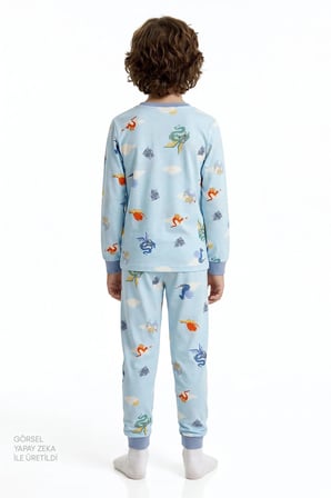 Erkek Çocuk Mavi Mini Dragon Riders Pamuklu Uzun Kollu 2'li Pijama Takımı