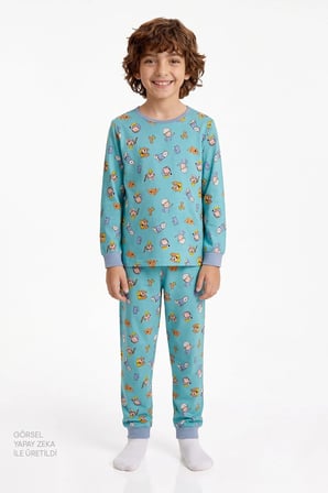 Erkek Çocuk Mavi Dragon Camp Members Pamuklu Uzun Kollu 2'li Pijama Takımı