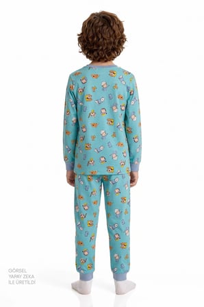 Erkek Çocuk Mavi Dragon Camp Members Pamuklu Uzun Kollu 2'li Pijama Takımı