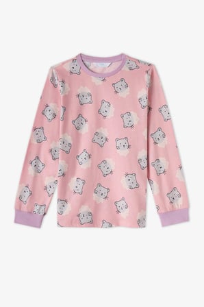 Kız Çocuk Pembe Dainty Kitty Pamuklu Uzun Kollu 2'li Pijama Takımı