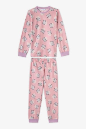 Kız Çocuk Pembe Dainty Kitty Pamuklu Uzun Kollu 2'li Pijama Takımı