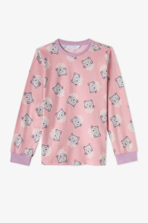Kız Çocuk Pembe Dainty Kitty Pamuklu Uzun Kollu 2'li Pijama Takımı
