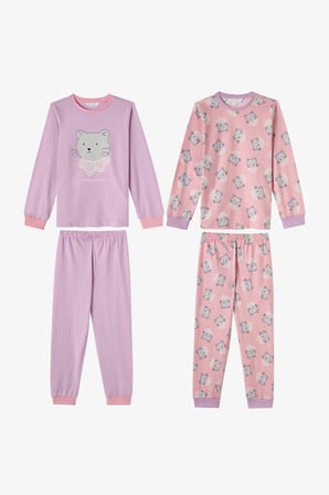 Kız Çocuk Pembe Dainty Kitty Pamuklu Uzun Kollu 2'li Pijama Takımı