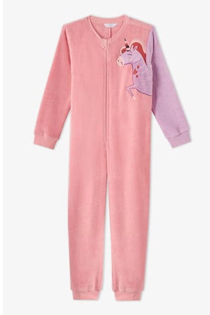 Kız Çocuk Pembe Drift Tef Unicorn Desenli Uzun Kollu Tulum