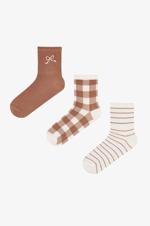 Kahve Bej Browny Bowtie Fiyonk Desenli Pamuklu 3 Çift Soket Çorap