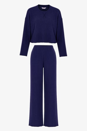 Lacivert Navy Waffle Pantolon Uzun Kollu Pijama Takımı