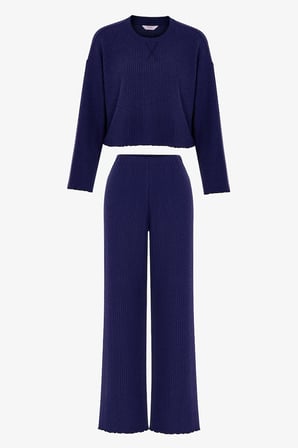 Lacivert Navy Waffle Pantolon Uzun Kollu Pijama Takımı