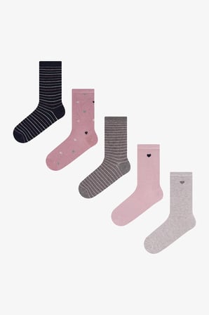 Gri Pembe Soft Hearts Pamuklu 5 Çift Soket Çorap