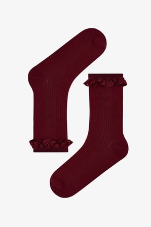 Bordo Duman Şık Dantelli Pamuklu 2 Çift Soket Çorap