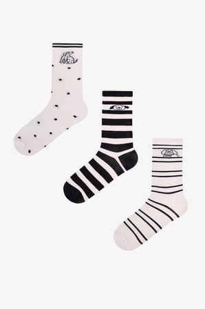 Siyah Beyaz Kitten Lines Pamuklu 3 Çift Soket Çorap