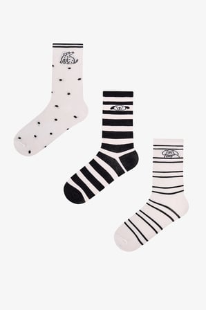Siyah Beyaz Kitten Lines Pamuklu 3 Çift Soket Çorap