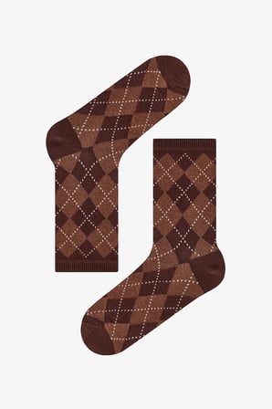 Kahve Classy Diamond Baklava Desenli Pamuklu 3 Çift Soket Çorap