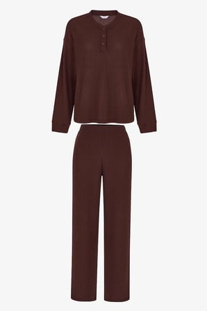 Kahverengi Coziness Waffle Pantolon Uzun Kollu Pijama Takımı