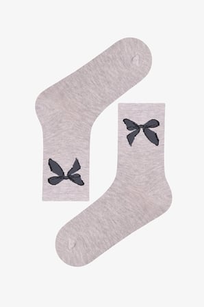 Gri Ribbon Heart Fiyonk Desenli Pamuklu 3 Çift Soket Çorap