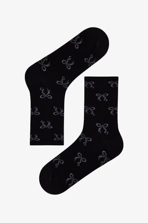 Gri Ribbon Heart Fiyonk Desenli Pamuklu 3 Çift Soket Çorap
