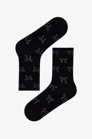 Gri Ribbon Heart Fiyonk Desenli Pamuklu 3 Çift Soket Çorap